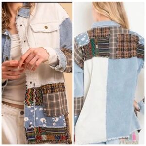 BV89 Blue Velvet Corduroy Patchwork Jacket with Multicolor Accents